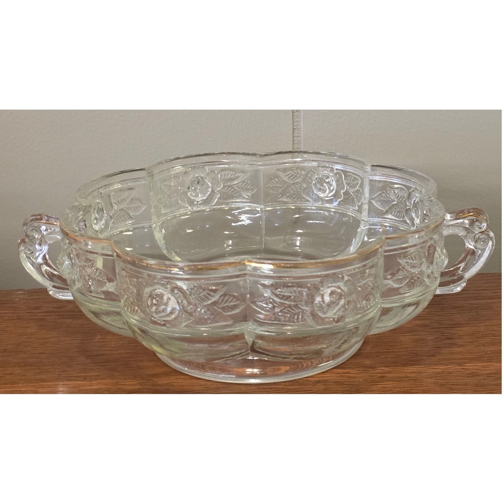 CLEARANCE 💲6️⃣Jeannette Glass Aztec Rose Pattern Embossed Serving Bowl Handles